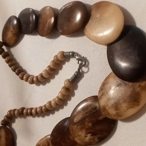 Vintage 26 inches long polished agate stone necklace.with wooden beads.
